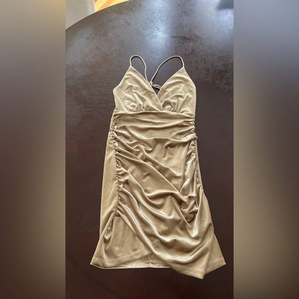 Gold velvet ruched bodycon dress worn once - like NEW.